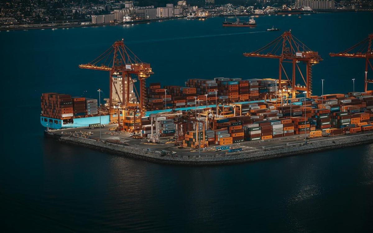 Container ship and cranes at a port