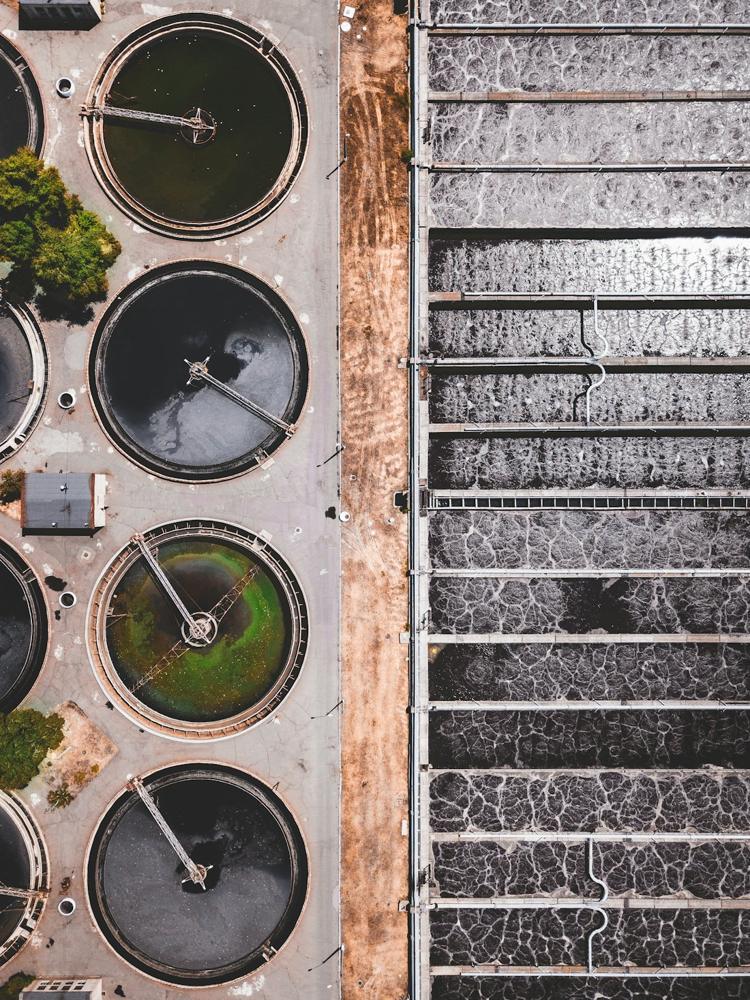 Aerial view of water treatment tanks